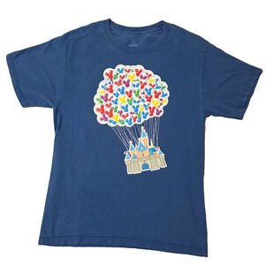 Disney Parks T-Shirt Medium Blue Castle Mickey Mouse Balloons Up Parody Hanes